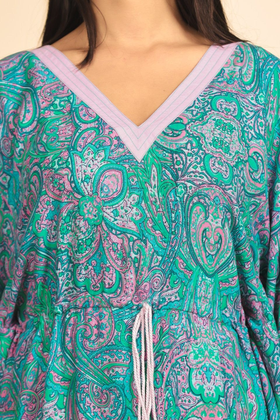 The Kaftan Company Kaftan Teal and Lilac Paisley Print Viscose Rayon Kaftan with Tassel Drawstring