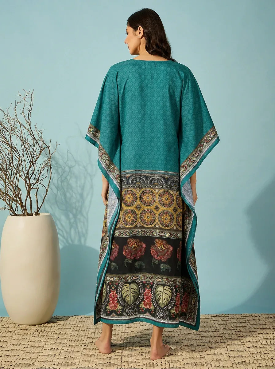 The Kaftan Company Kaftan Teal Border Print Kaftan with Pockets