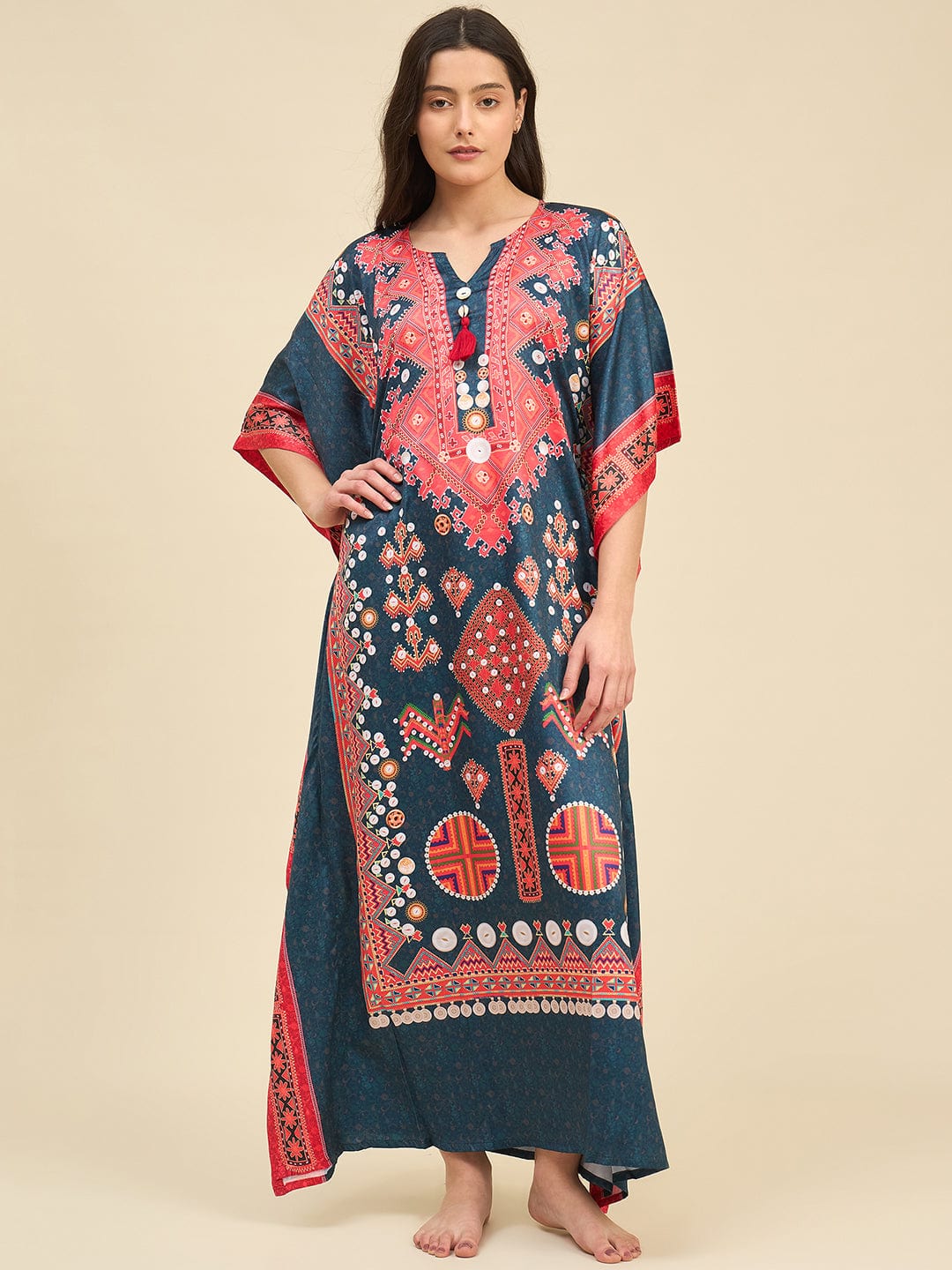 The Kaftan Company Kaftan Teal & Coral Satin Nightwear Kaftan with Artistic Print & Pockets