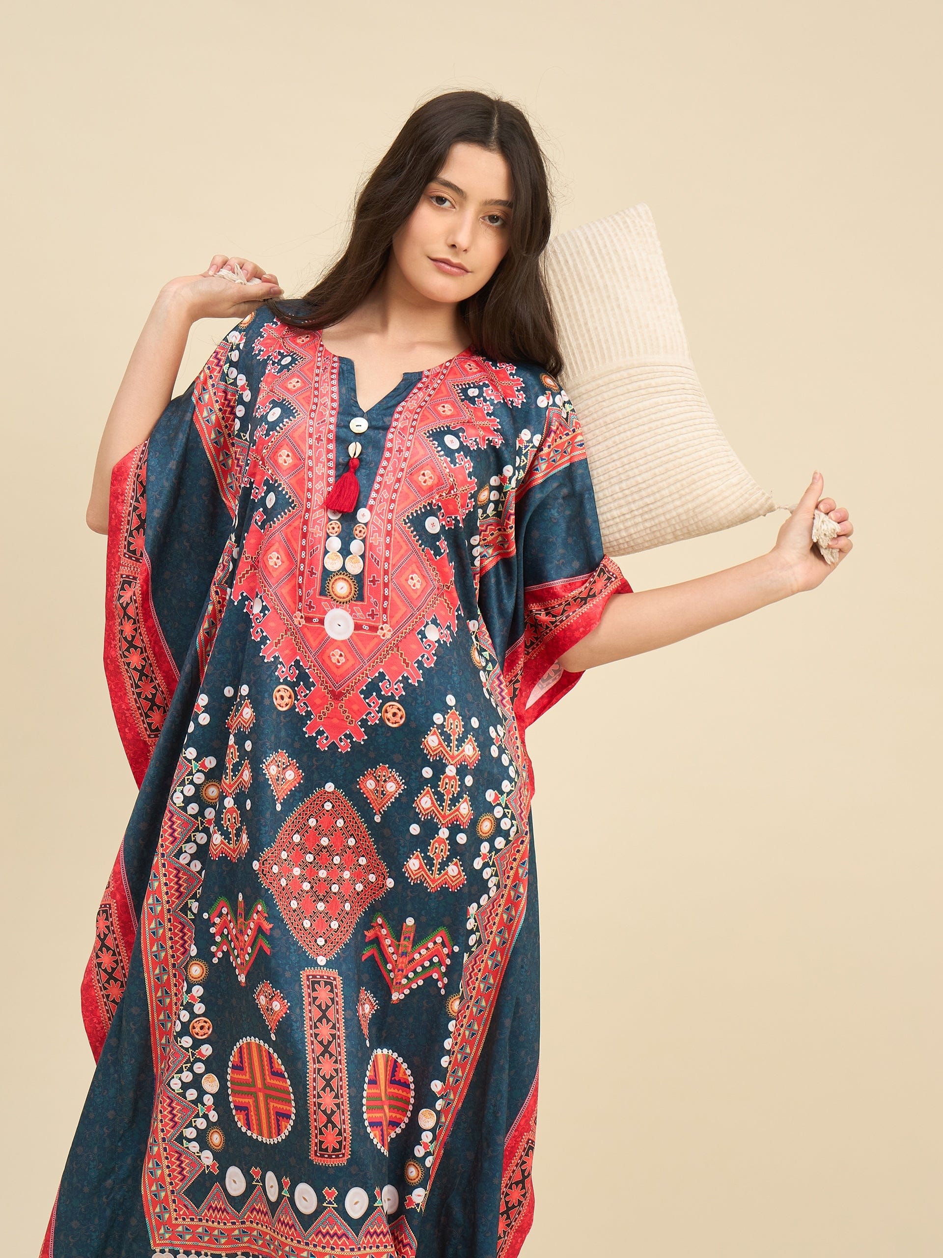 The Kaftan Company Kaftan Teal & Coral Satin Nightwear Kaftan with Artistic Print & Pockets