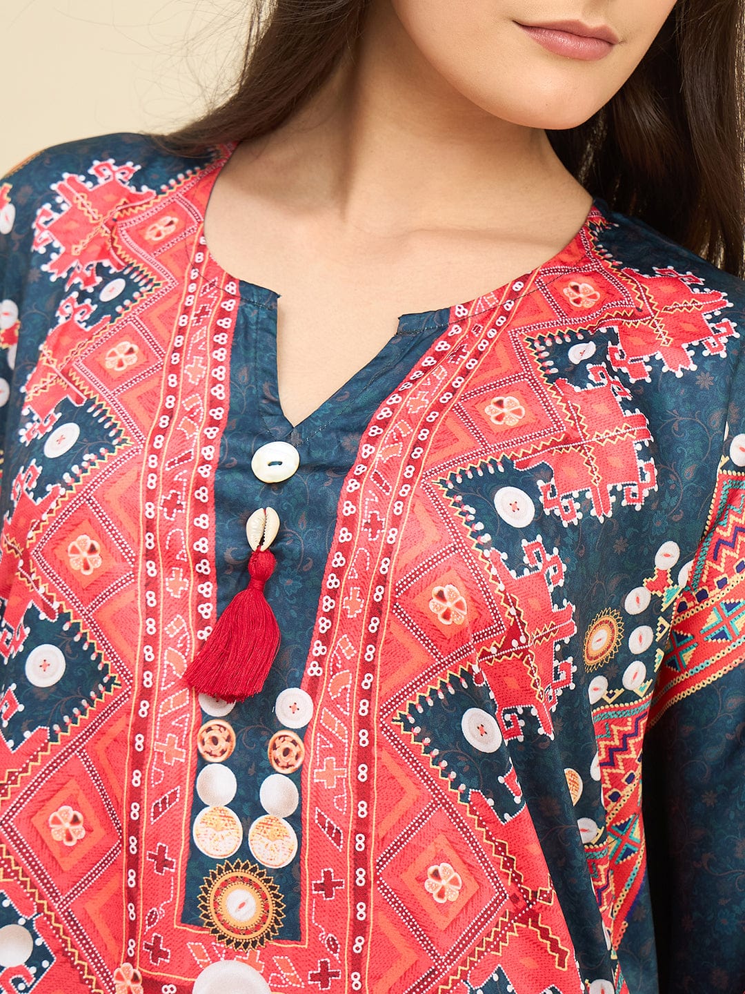The Kaftan Company Kaftan Teal & Coral Satin Nightwear Kaftan with Artistic Print & Pockets