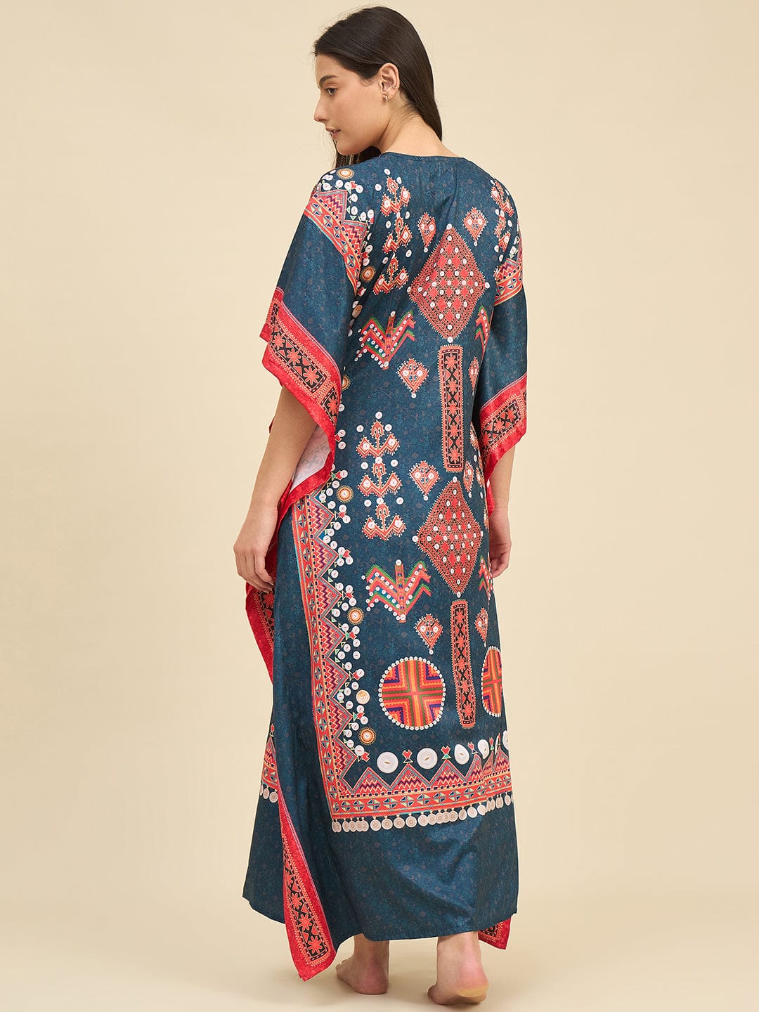 The Kaftan Company Kaftan Teal & Coral Satin Nightwear Kaftan with Artistic Print & Pockets