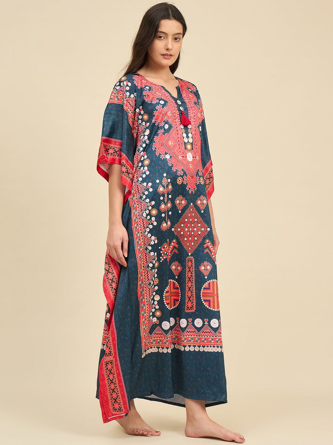 The Kaftan Company Kaftan Teal & Coral Satin Nightwear Kaftan with Artistic Print & Pockets