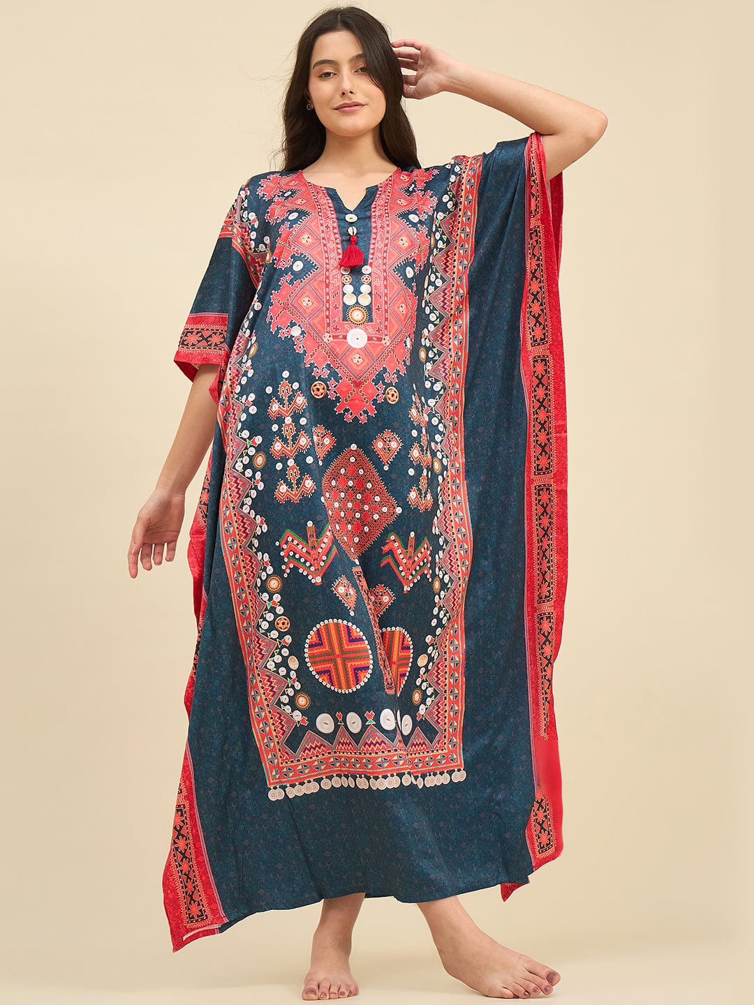 The Kaftan Company Kaftan Teal & Coral Satin Nightwear Kaftan with Artistic Print & Pockets