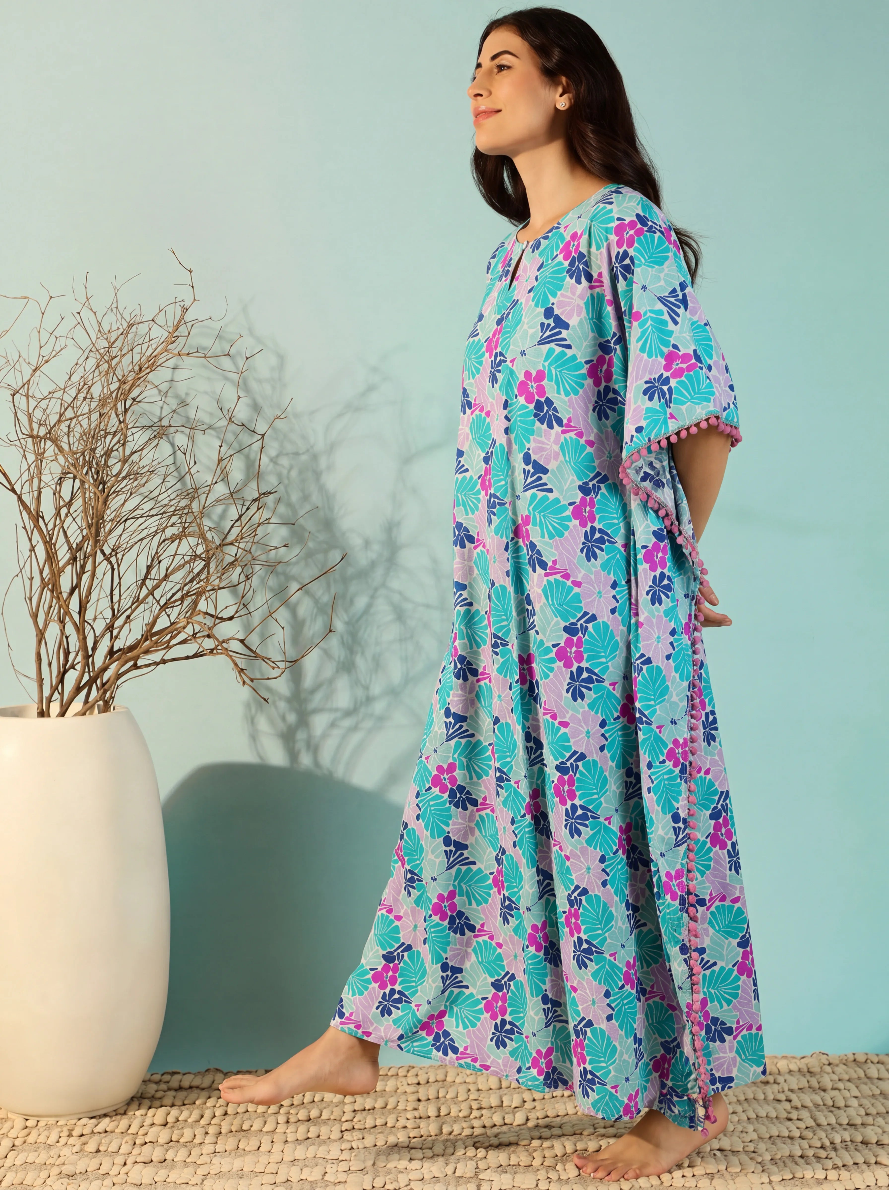 The Kaftan Company Kaftan Teal Tropical Floral Print Maxi Kaftan in Cotton