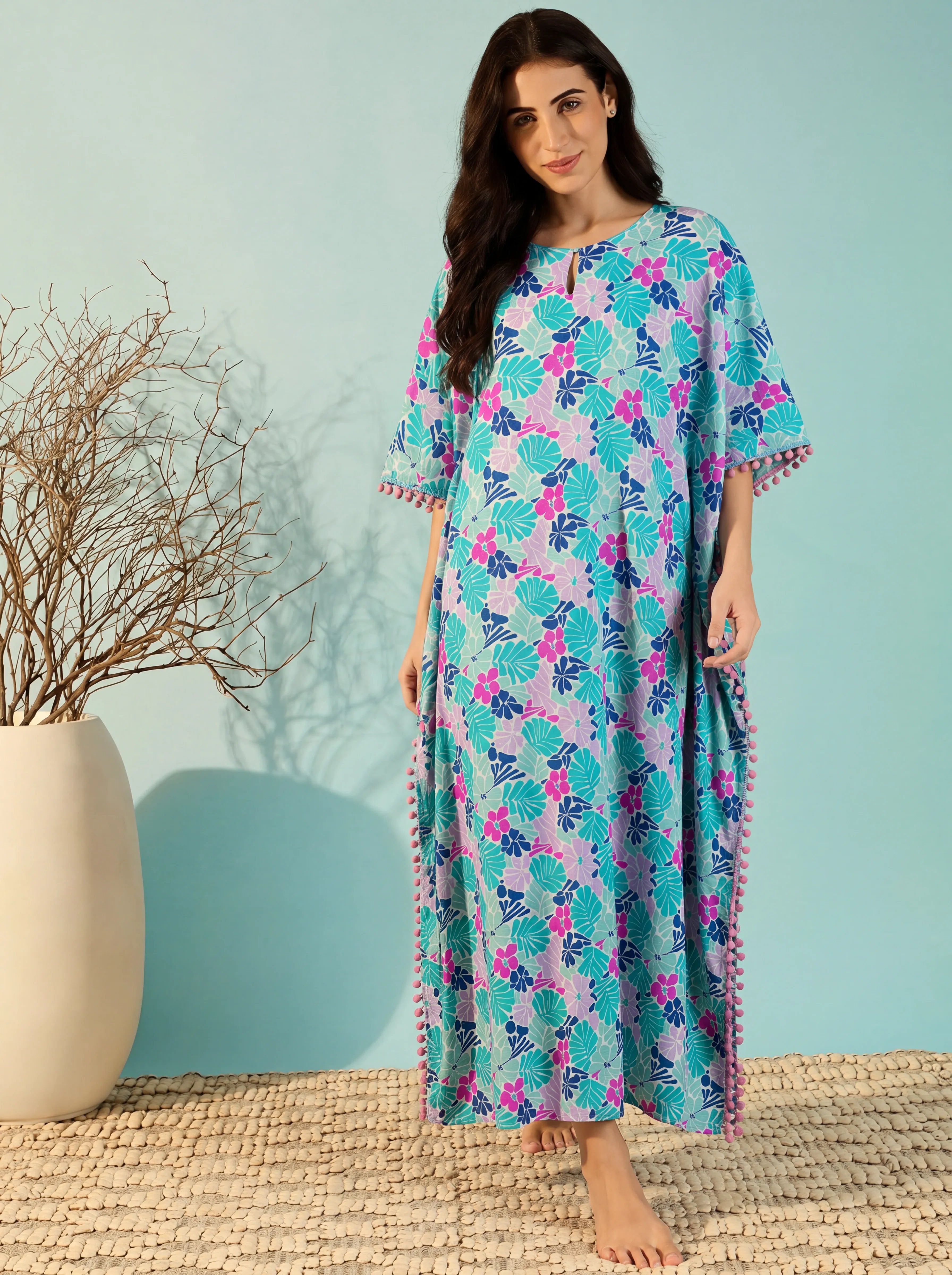 The Kaftan Company Kaftan Teal Tropical Floral Print Maxi Kaftan in Cotton