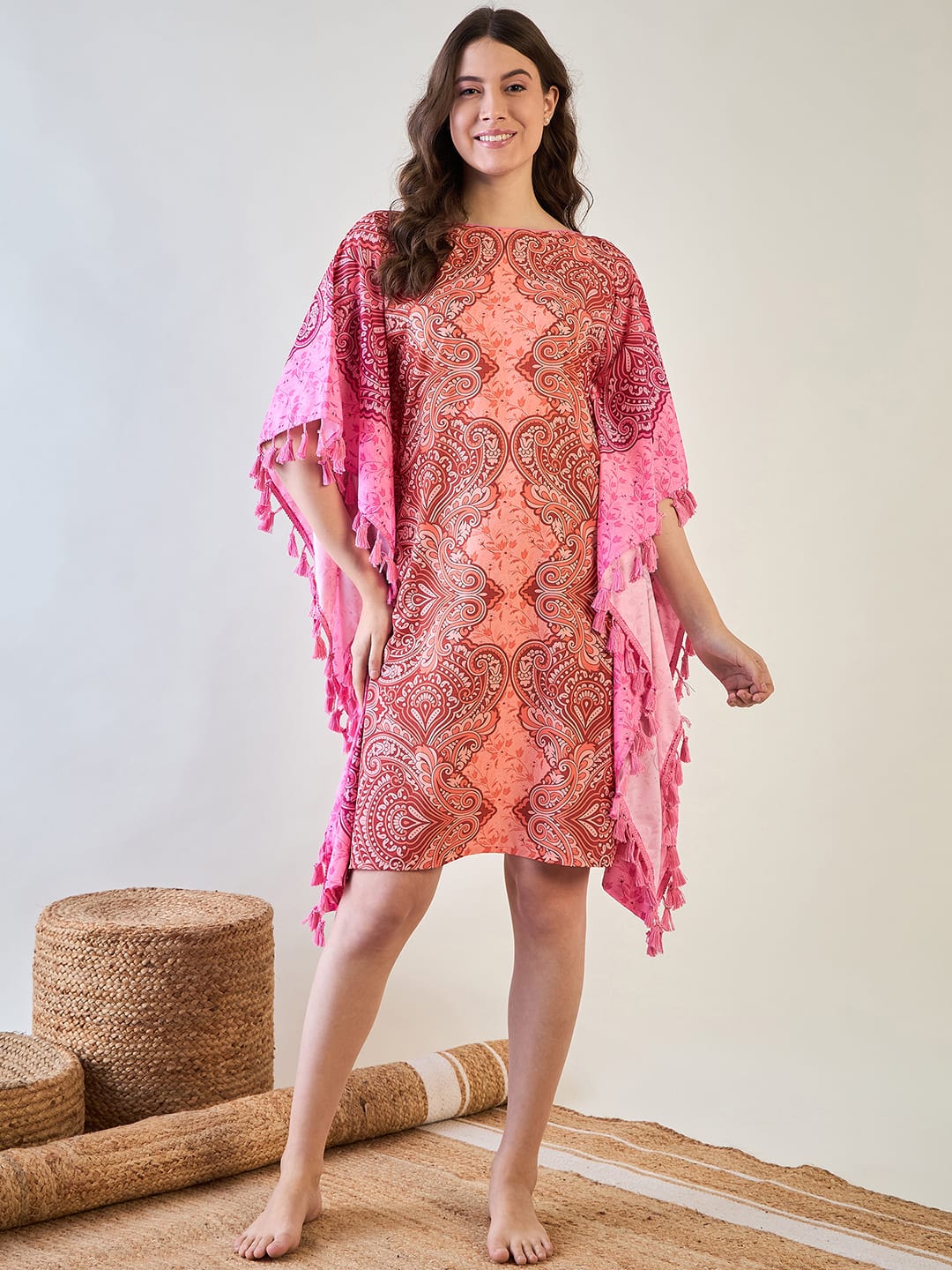 The Kaftan Company Kaftan Vibrant Pink and Orange Paisley Crepe Kaftan with Tassel Details