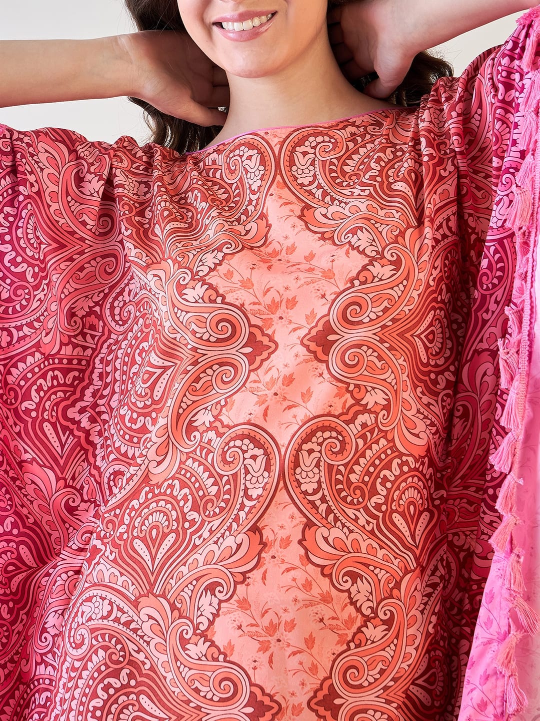 The Kaftan Company Kaftan Vibrant Pink and Orange Paisley Crepe Kaftan with Tassel Details