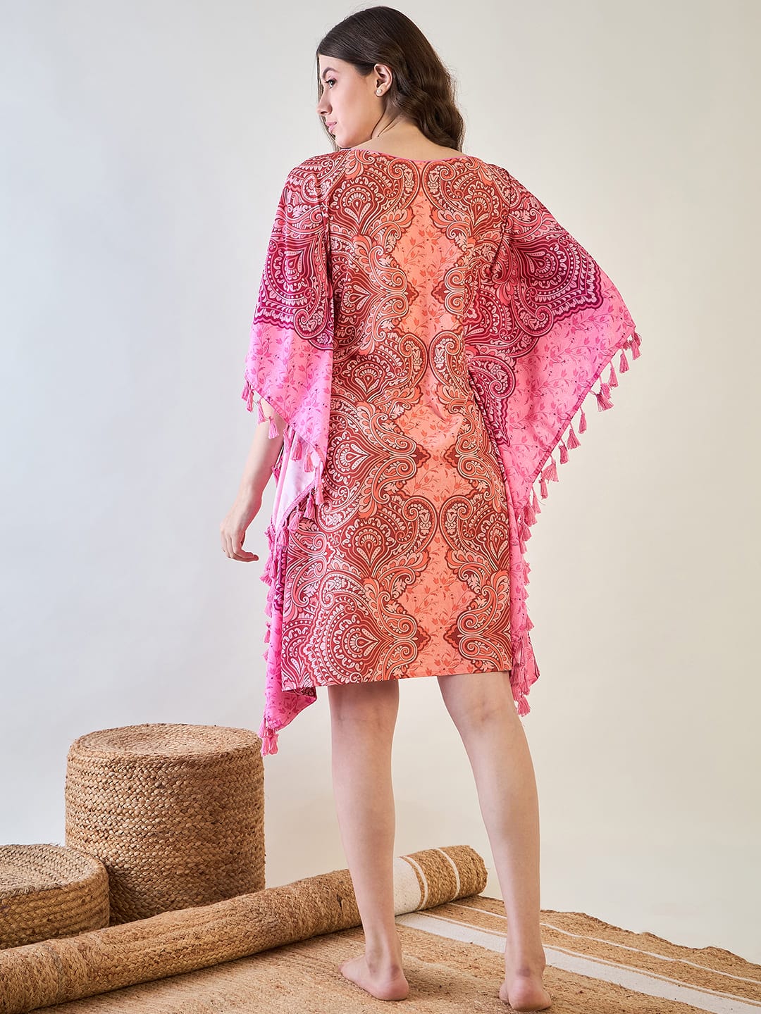 The Kaftan Company Kaftan Vibrant Pink and Orange Paisley Crepe Kaftan with Tassel Details