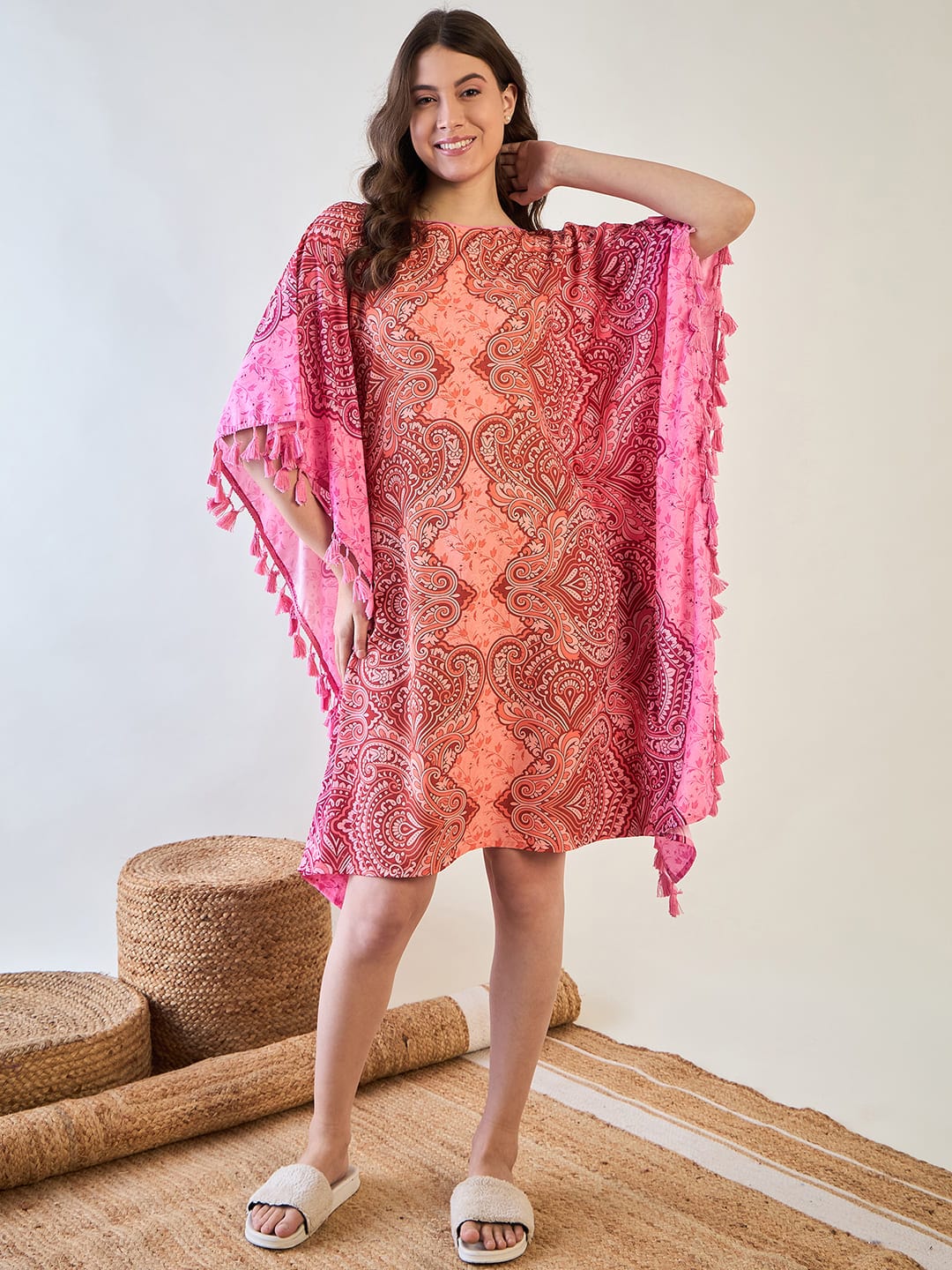 The Kaftan Company Kaftan Vibrant Pink and Orange Paisley Crepe Kaftan with Tassel Details