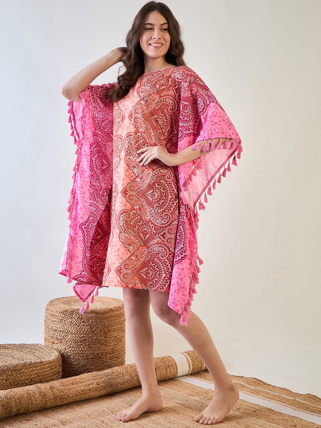 The Kaftan Company Kaftan Vibrant Pink and Orange Paisley Crepe Kaftan with Tassel Details