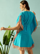 The Kaftan Company Kaftan Whimsical Rainbow Lace Blue Resort Wear Dress