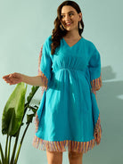 The Kaftan Company Kaftan Whimsical Rainbow Lace Blue Resort Wear Dress