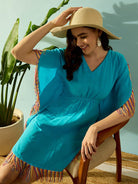 The Kaftan Company Kaftan Whimsical Rainbow Lace Blue Resort Wear Dress