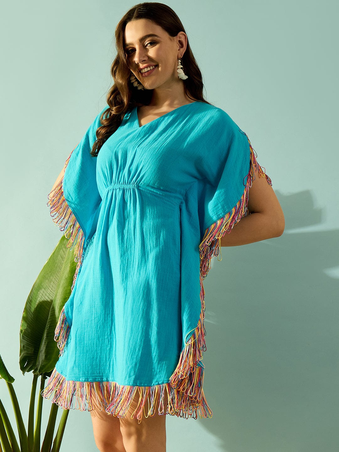 The Kaftan Company Kaftan Whimsical Rainbow Lace Blue Resort Wear Dress