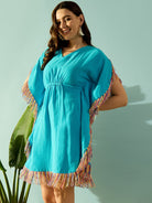 The Kaftan Company Kaftan Whimsical Rainbow Lace Blue Resort Wear Dress