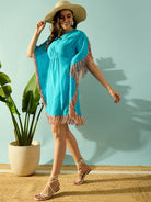 The Kaftan Company Kaftan Whimsical Rainbow Lace Blue Resort Wear Dress