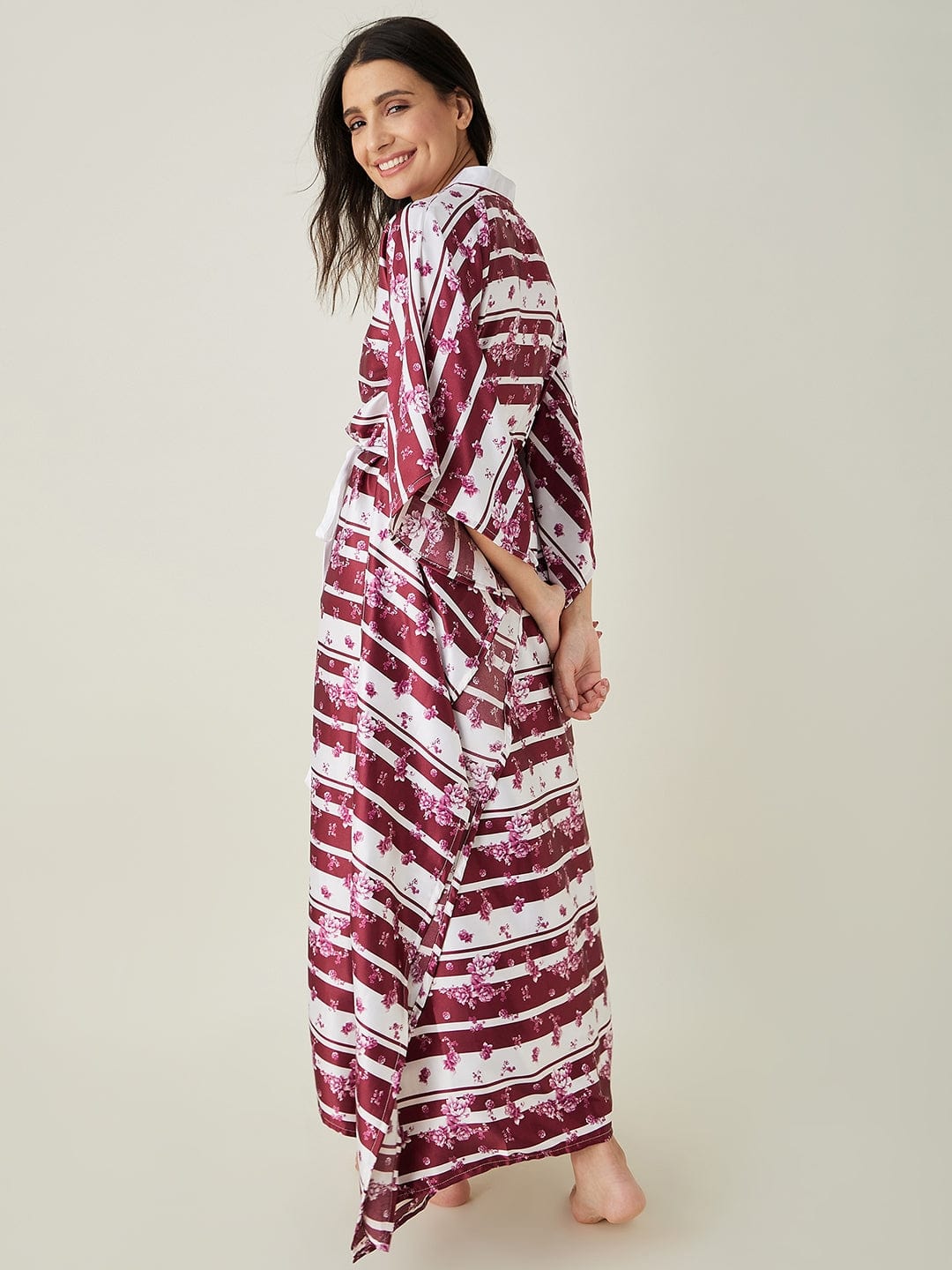 The Kaftan Company Kaftan White and Maroon Ditsy Floral Loungewear Kaftan