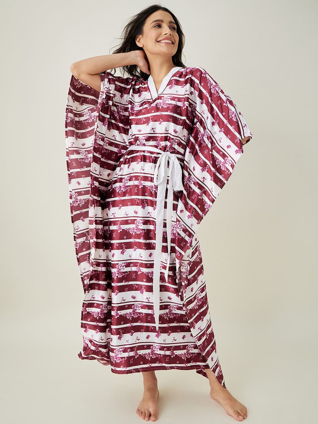 The Kaftan Company Kaftan White and Maroon Ditsy Floral Loungewear Kaftan