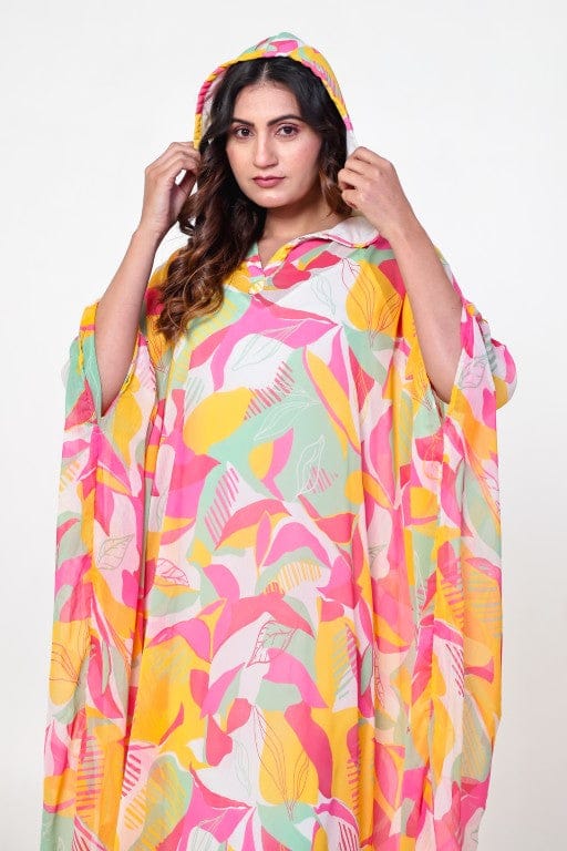 The Kaftan Company Kaftan White Floral Georgette Hooded Loungewear Kaftan with Crepe Slip