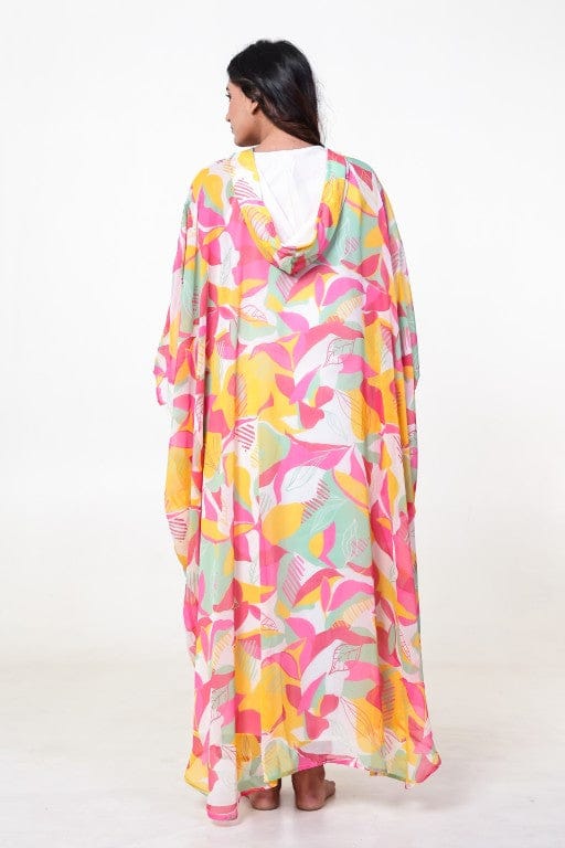 The Kaftan Company Kaftan White Floral Georgette Hooded Loungewear Kaftan with Crepe Slip