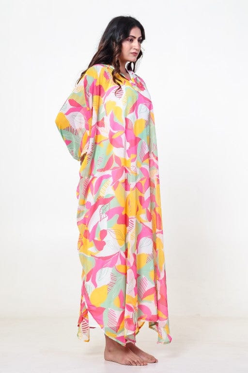 The Kaftan Company Kaftan White Floral Georgette Hooded Loungewear Kaftan with Crepe Slip