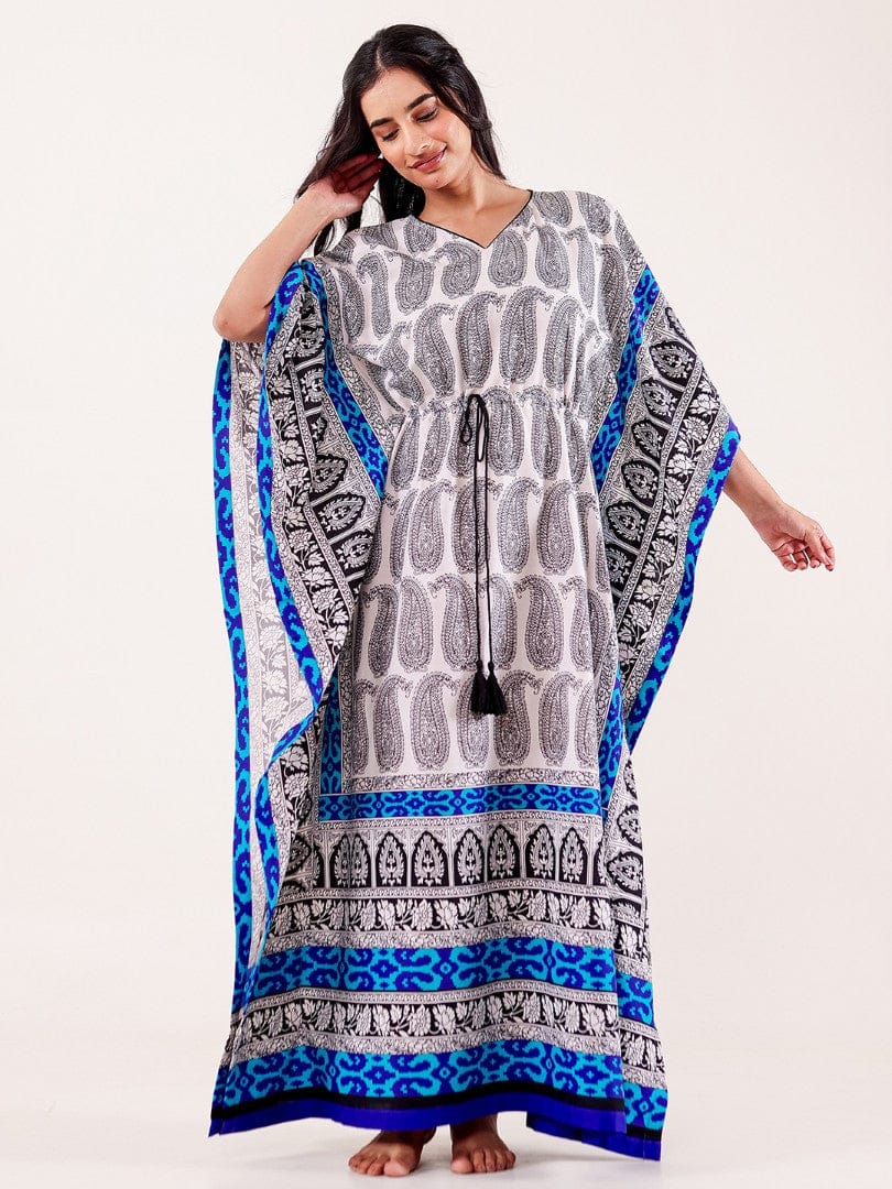 The Kaftan Company Kaftan White Paisley Printed Loungewear Kaftan
