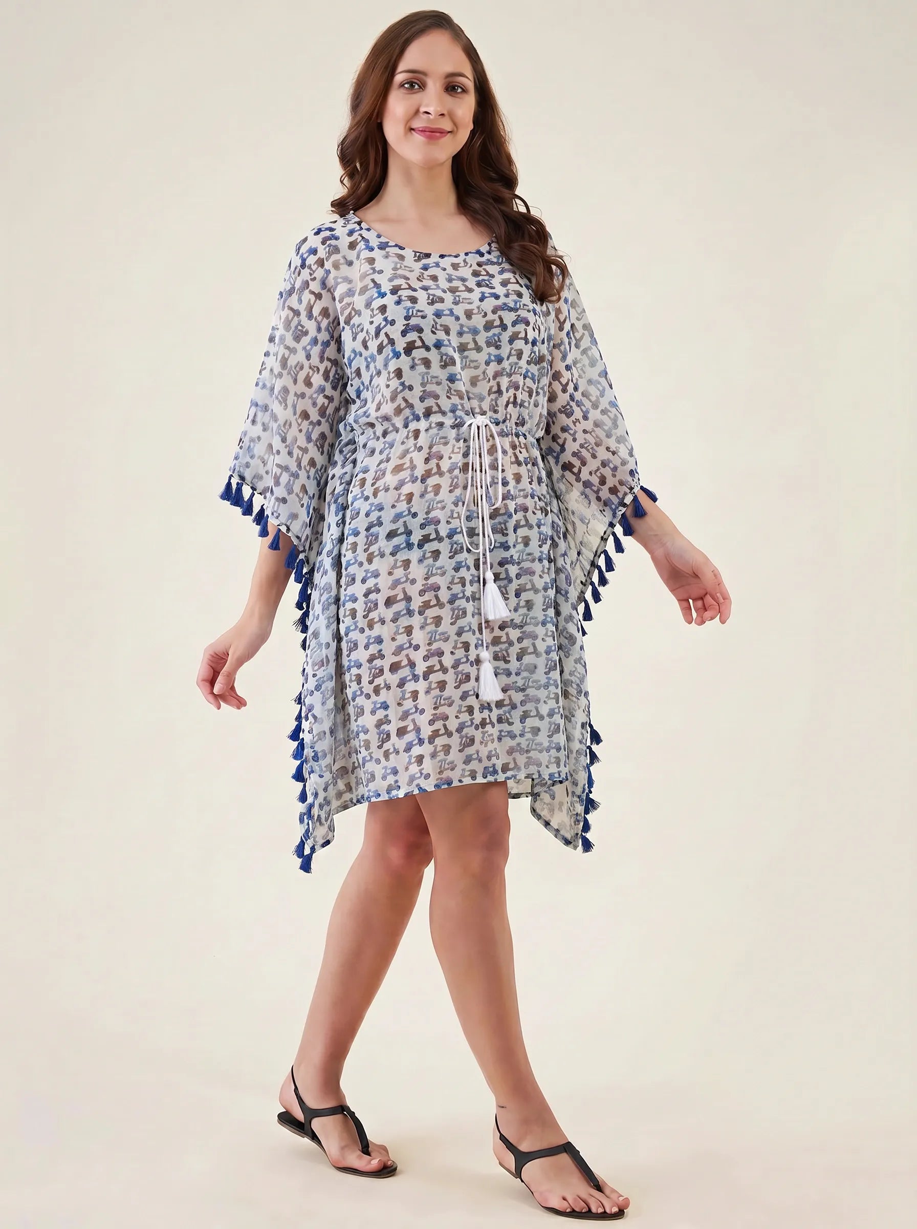 The Kaftan Company Kaftan White Scooter Print Georgette Beach Kaftan with Blue Tassel Trim
