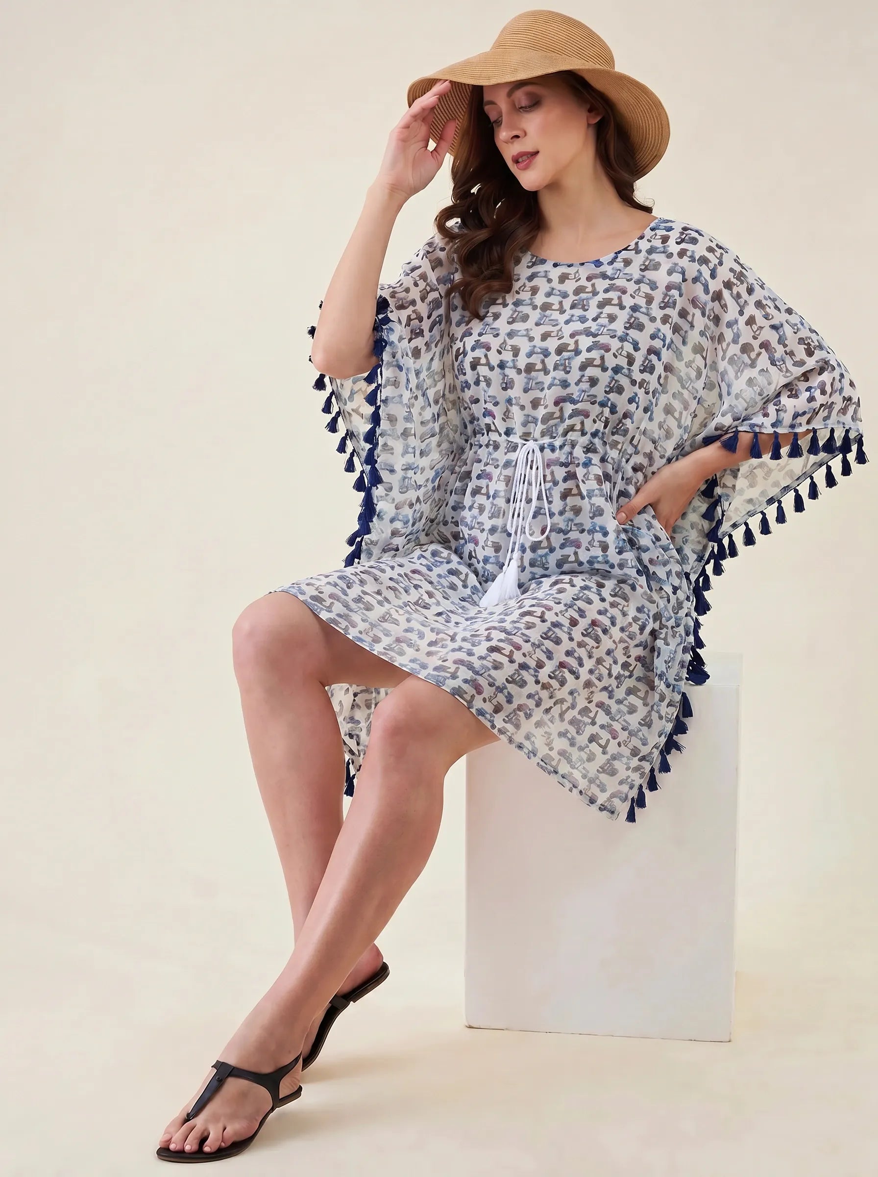 The Kaftan Company Kaftan White Scooter Print Georgette Beach Kaftan with Blue Tassel Trim