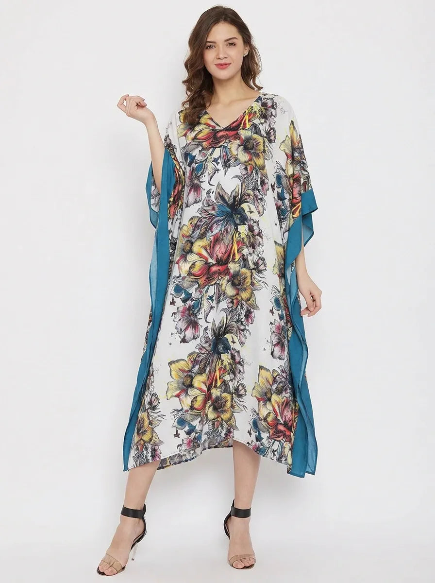 The Kaftan Company Kaftan White & Teal Floral Print Viscose Resort Kaftan with Contrast Side Panels