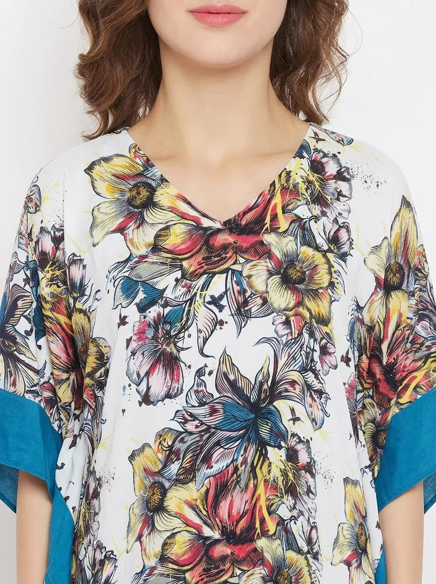 The Kaftan Company Kaftan White & Teal Floral Print Viscose Resort Kaftan with Contrast Side Panels