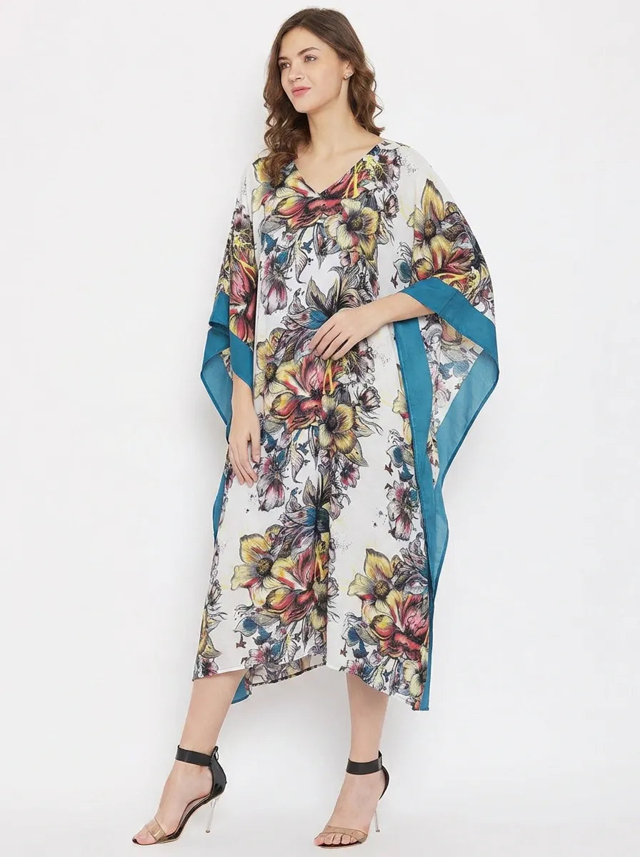 The Kaftan Company Kaftan White & Teal Floral Print Viscose Resort Kaftan with Contrast Side Panels