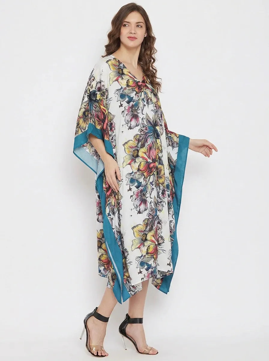 The Kaftan Company Kaftan White & Teal Floral Print Viscose Resort Kaftan with Contrast Side Panels