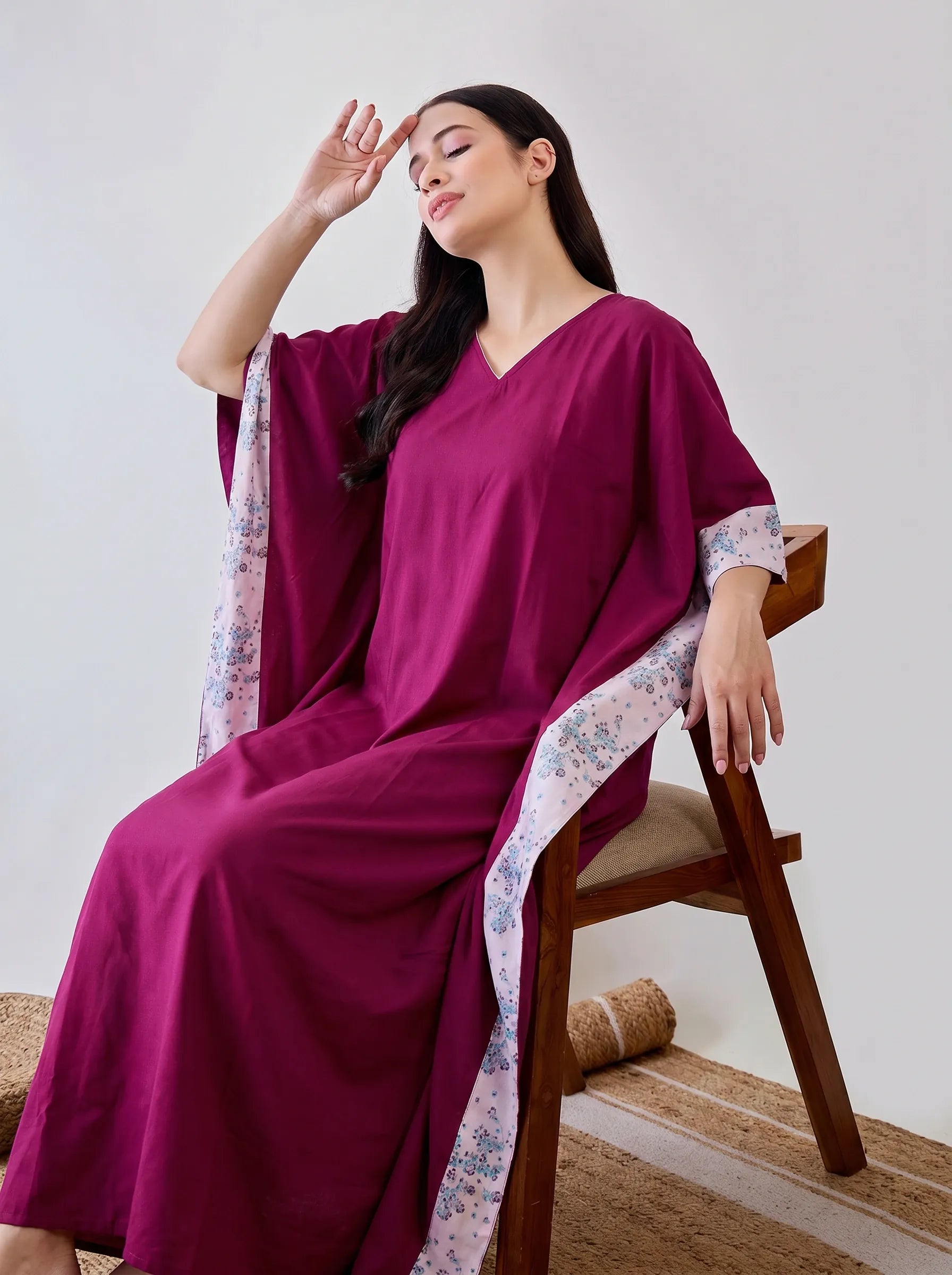 The Kaftan Company Kaftan Wine Solid Cotton Kaftan with Floral Print Side Panels