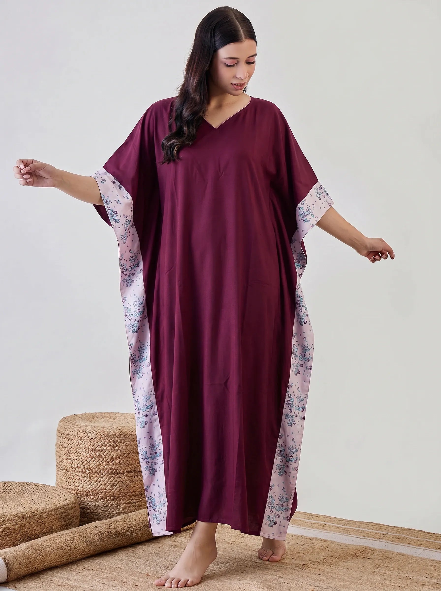 The Kaftan Company Kaftan Wine Solid Cotton Kaftan with Floral Print Side Panels