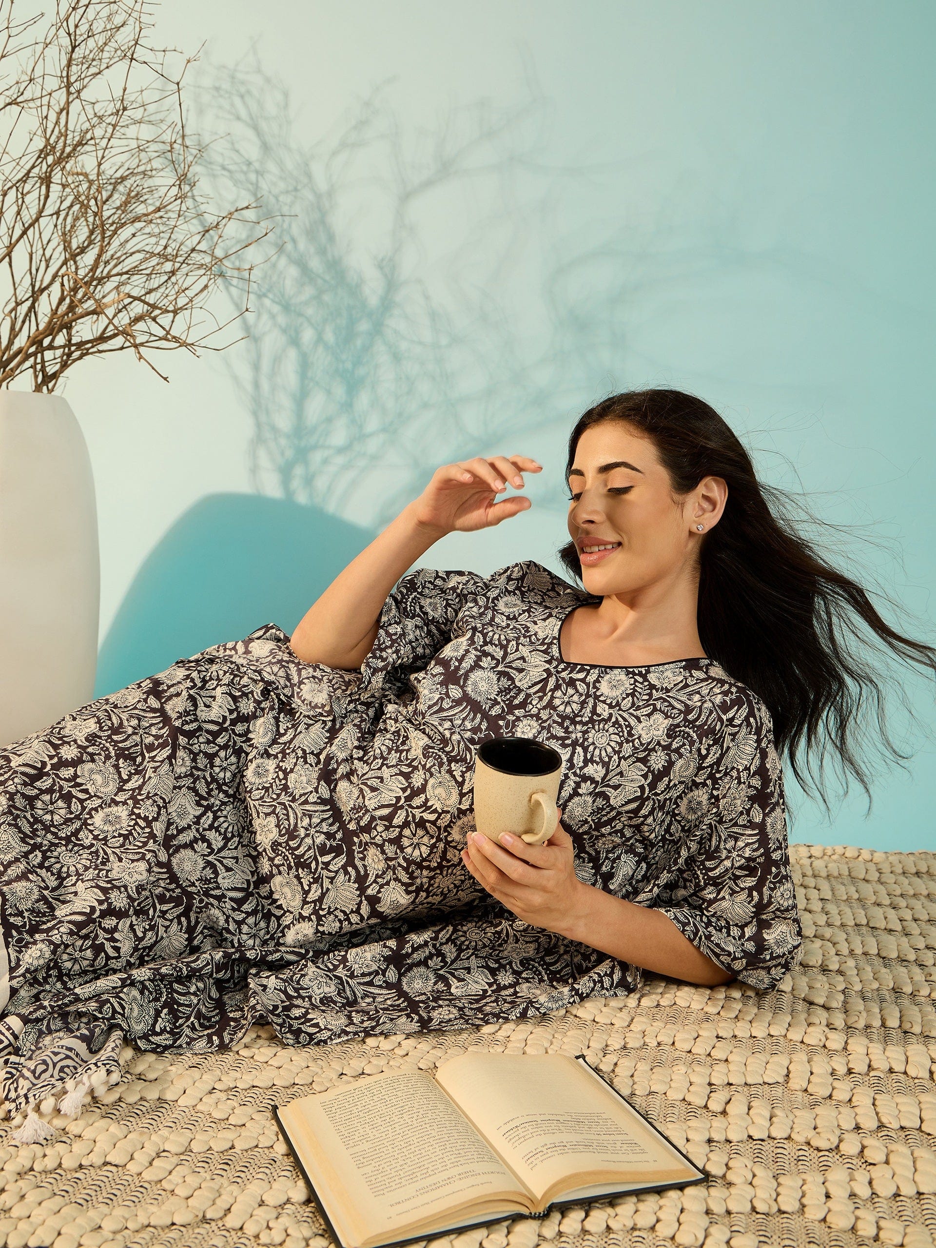 The Kaftan Company Kaftan Women Black Floral Print Soft Cotton Kaftan Nightdress