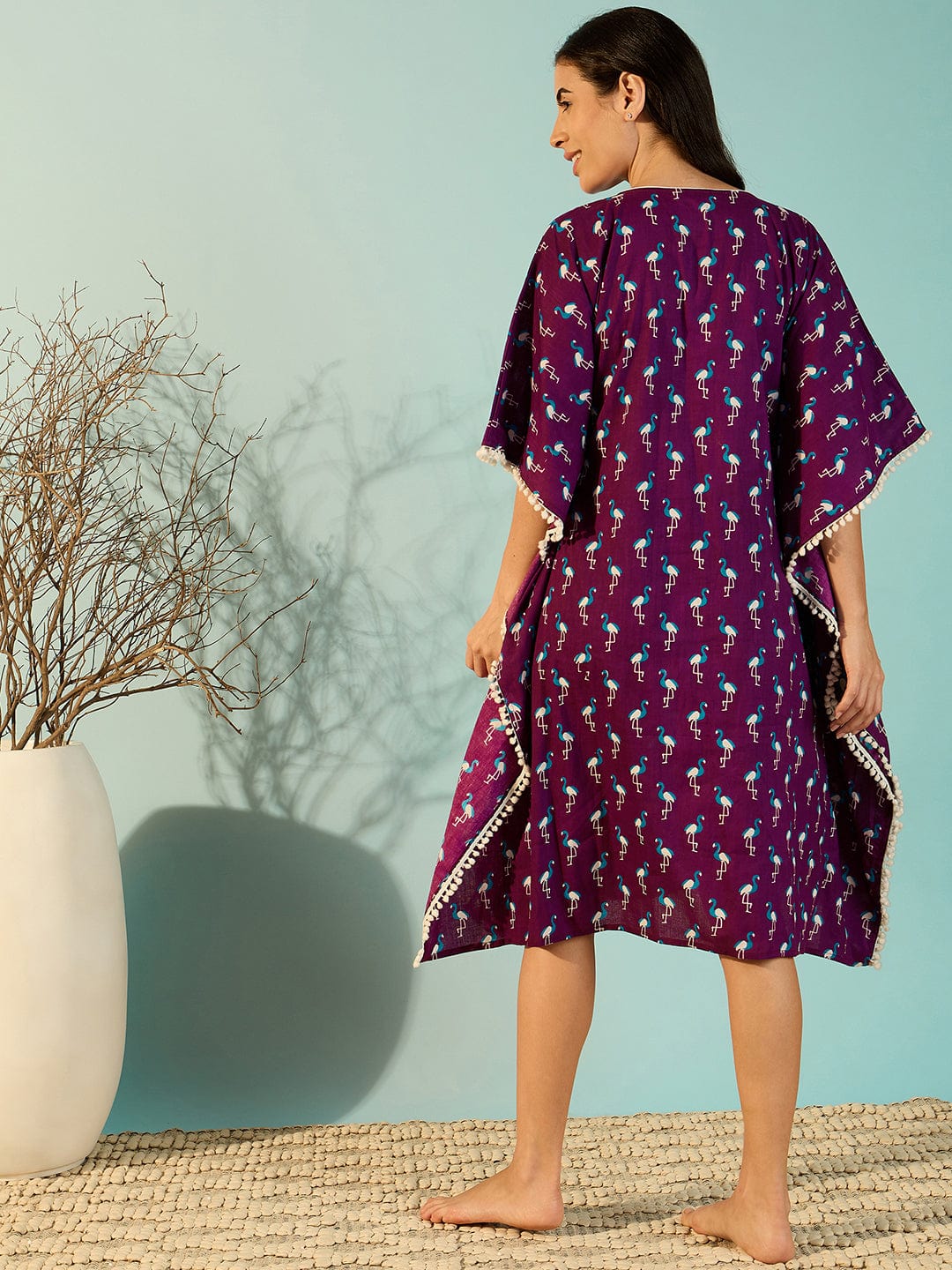 The Kaftan Company Kaftan Women Blue Flamingo Short Cotton Kaftan Nighty