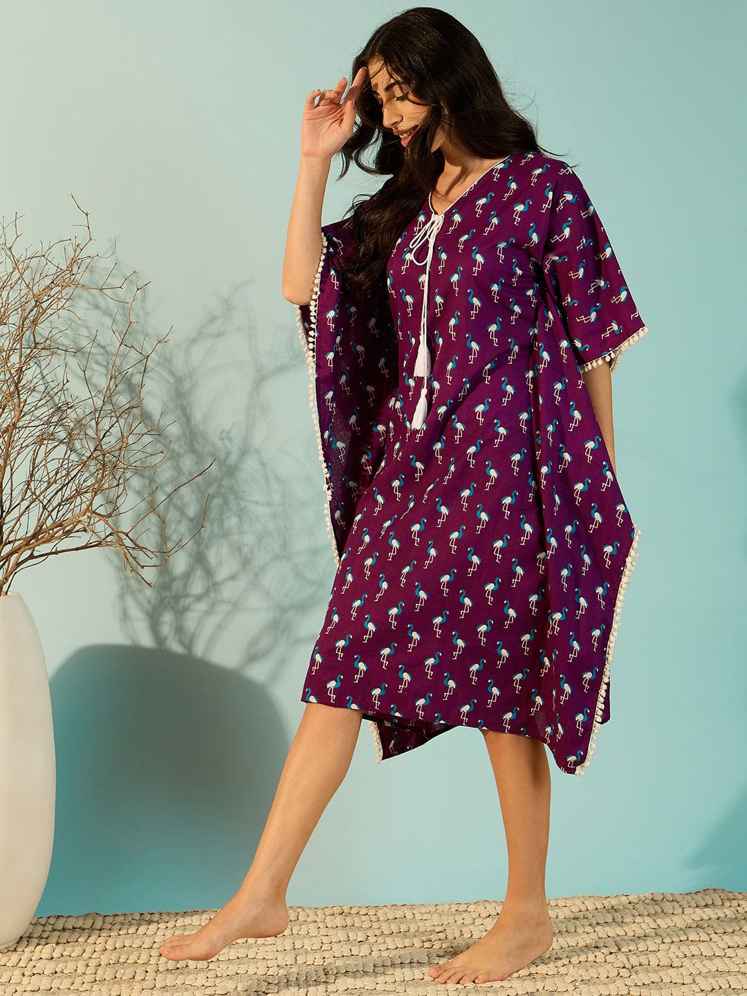 The Kaftan Company Kaftan Women Blue Flamingo Short Cotton Kaftan Nighty