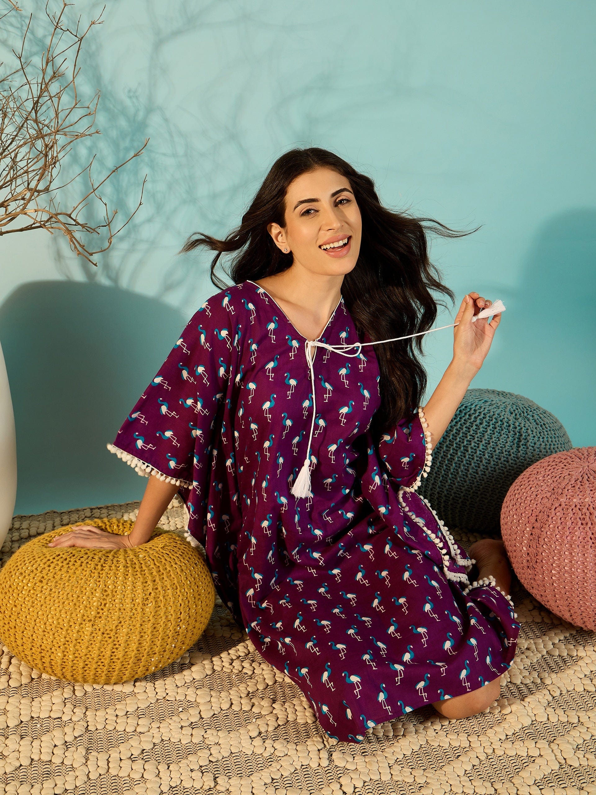 The Kaftan Company Kaftan Women Blue Flamingo Short Cotton Kaftan Nighty