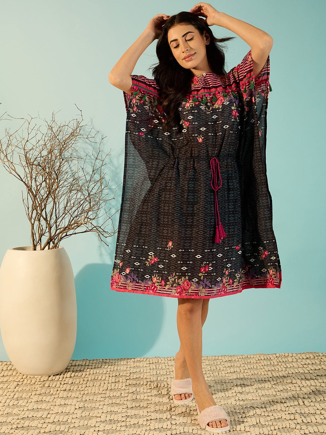 The Kaftan Company Kaftan Women Geo Floral Printed Short Cotton Kaftan Night Dress