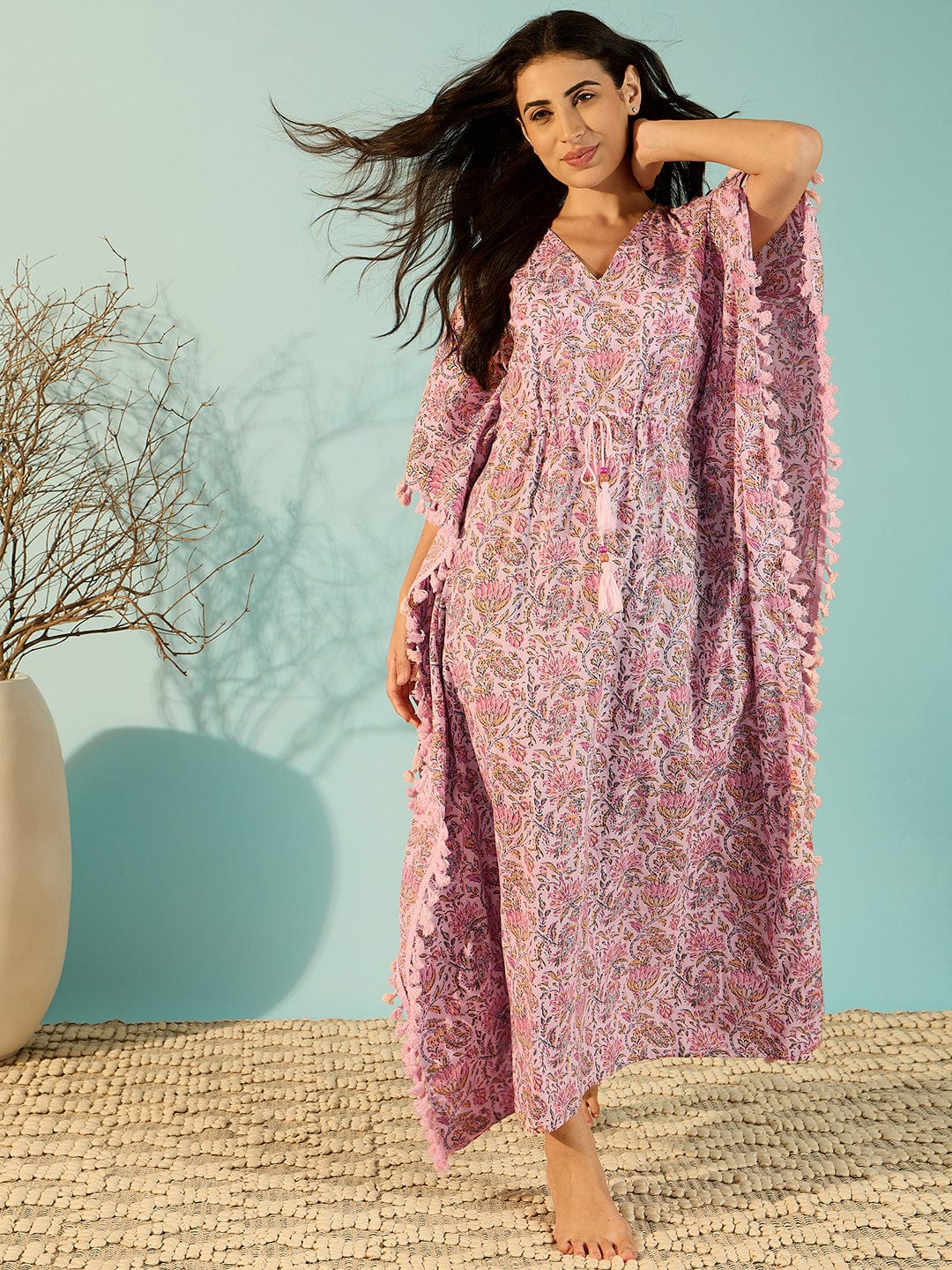 The Kaftan Company Kaftan Women Jaipur Block Print Pink Cotton Kaftan Night Dress