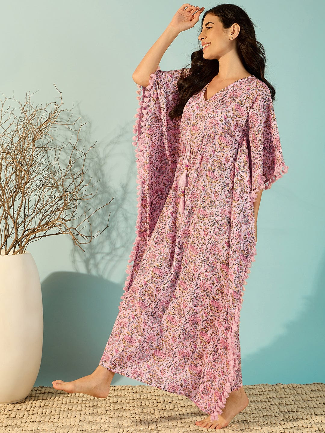 The Kaftan Company Kaftan Women Jaipur Block Print Pink Cotton Kaftan Night Dress