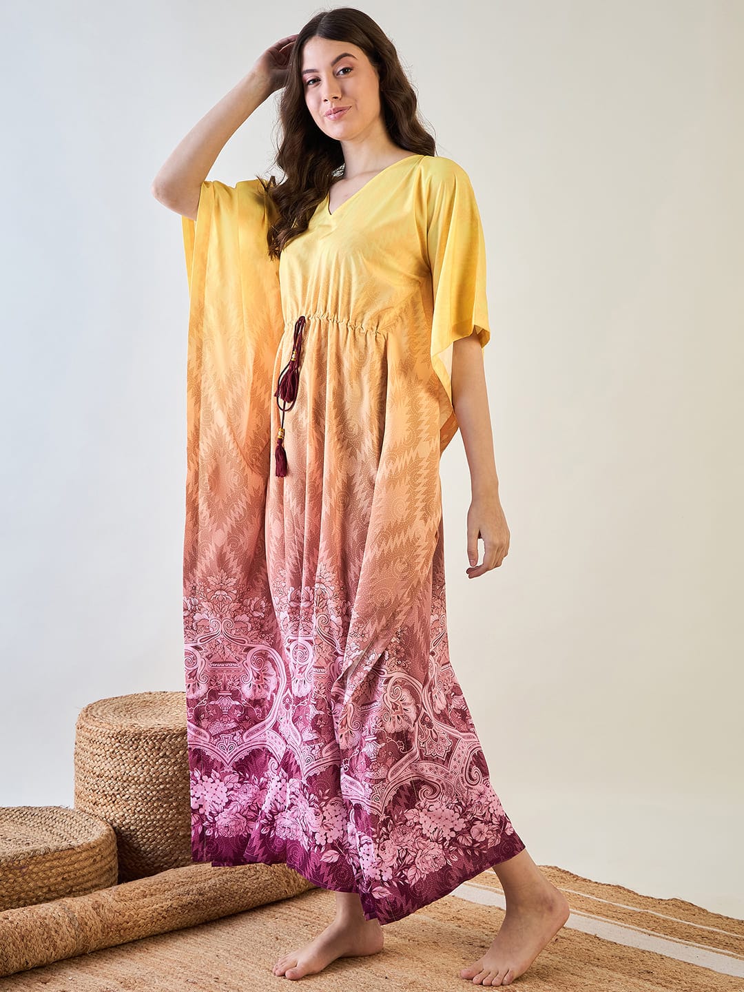 The Kaftan Company Kaftan Yellow and Pink Gradient Kaftan with Intricate Floral Patterns
