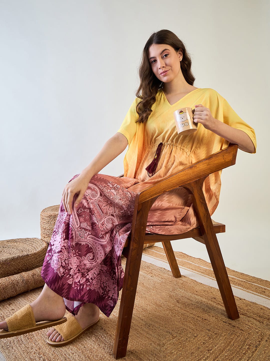 The Kaftan Company Kaftan Yellow and Pink Gradient Kaftan with Intricate Floral Patterns