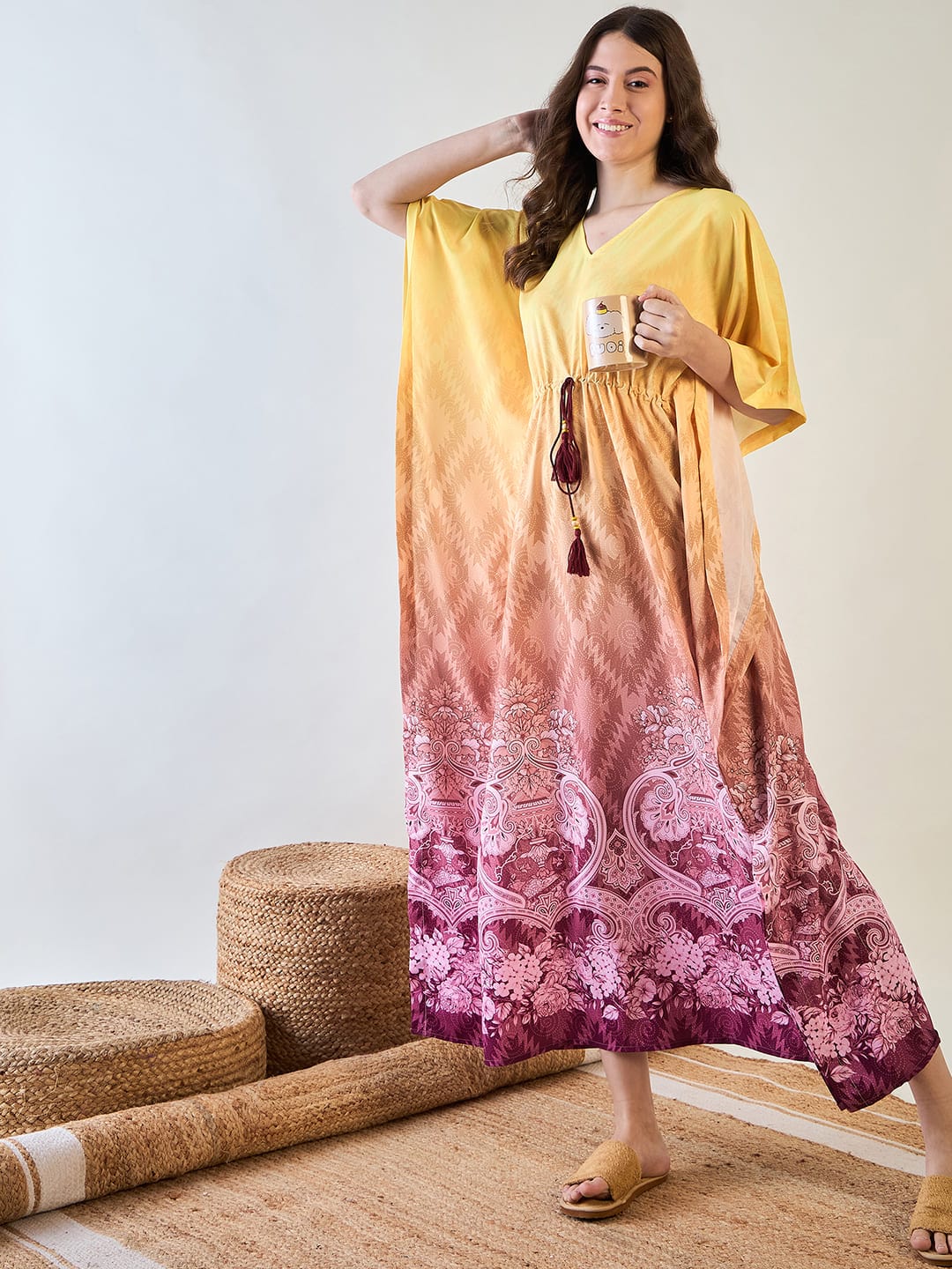 The Kaftan Company Kaftan Yellow and Pink Gradient Kaftan with Intricate Floral Patterns