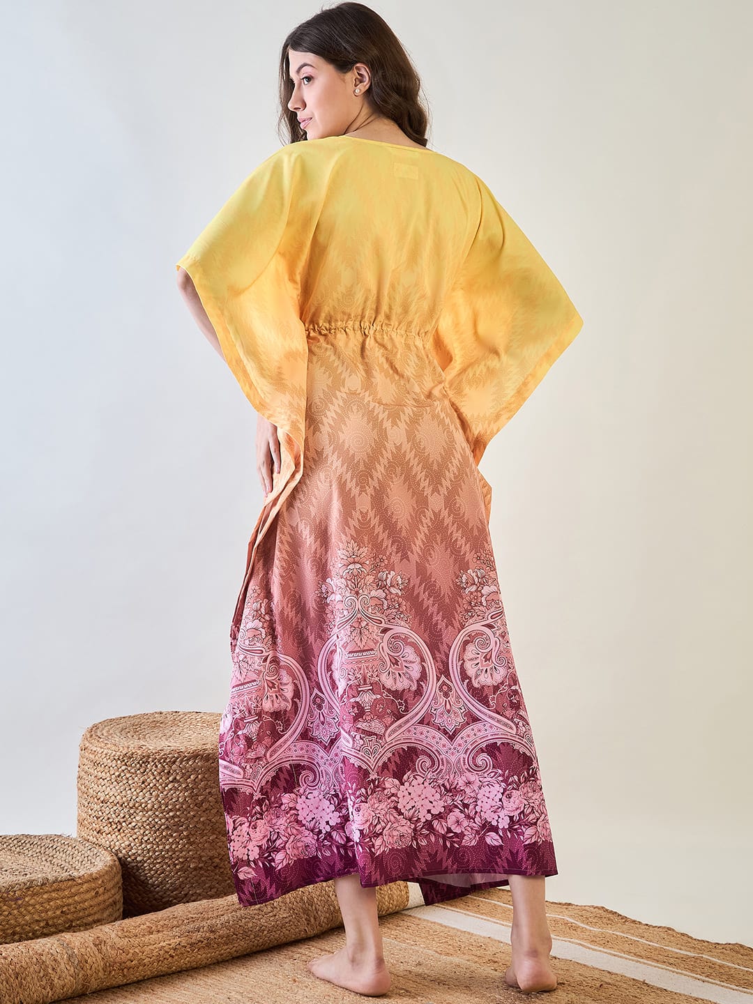 The Kaftan Company Kaftan Yellow and Pink Gradient Kaftan with Intricate Floral Patterns