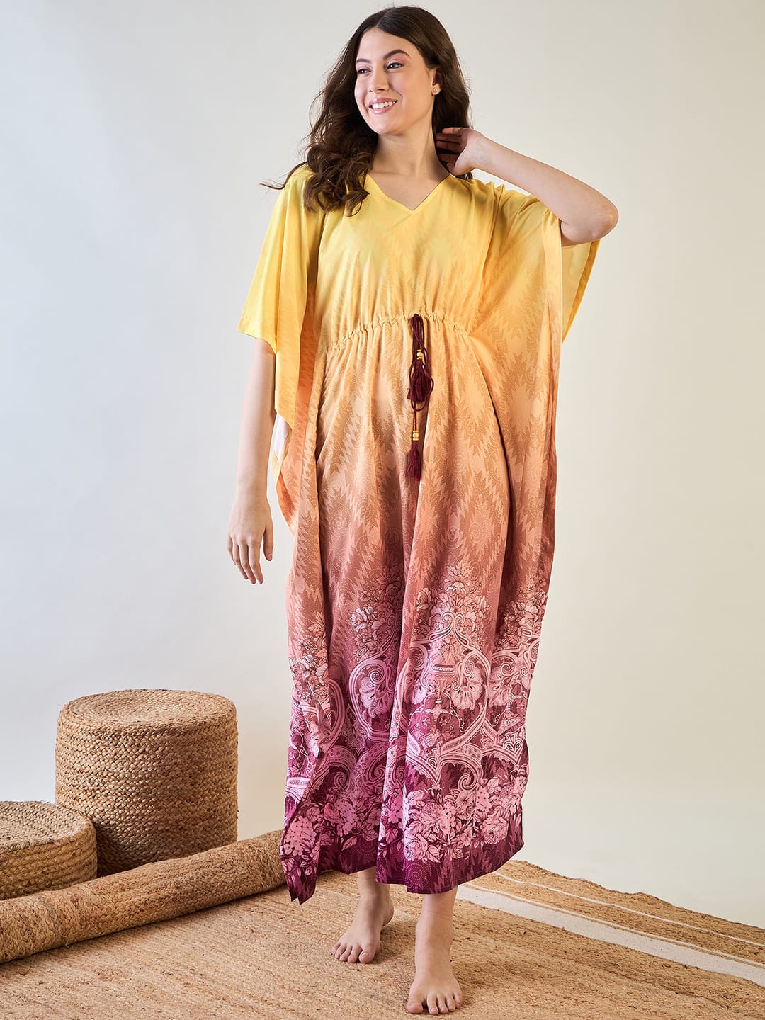 The Kaftan Company Kaftan Yellow and Pink Gradient Kaftan with Intricate Floral Patterns
