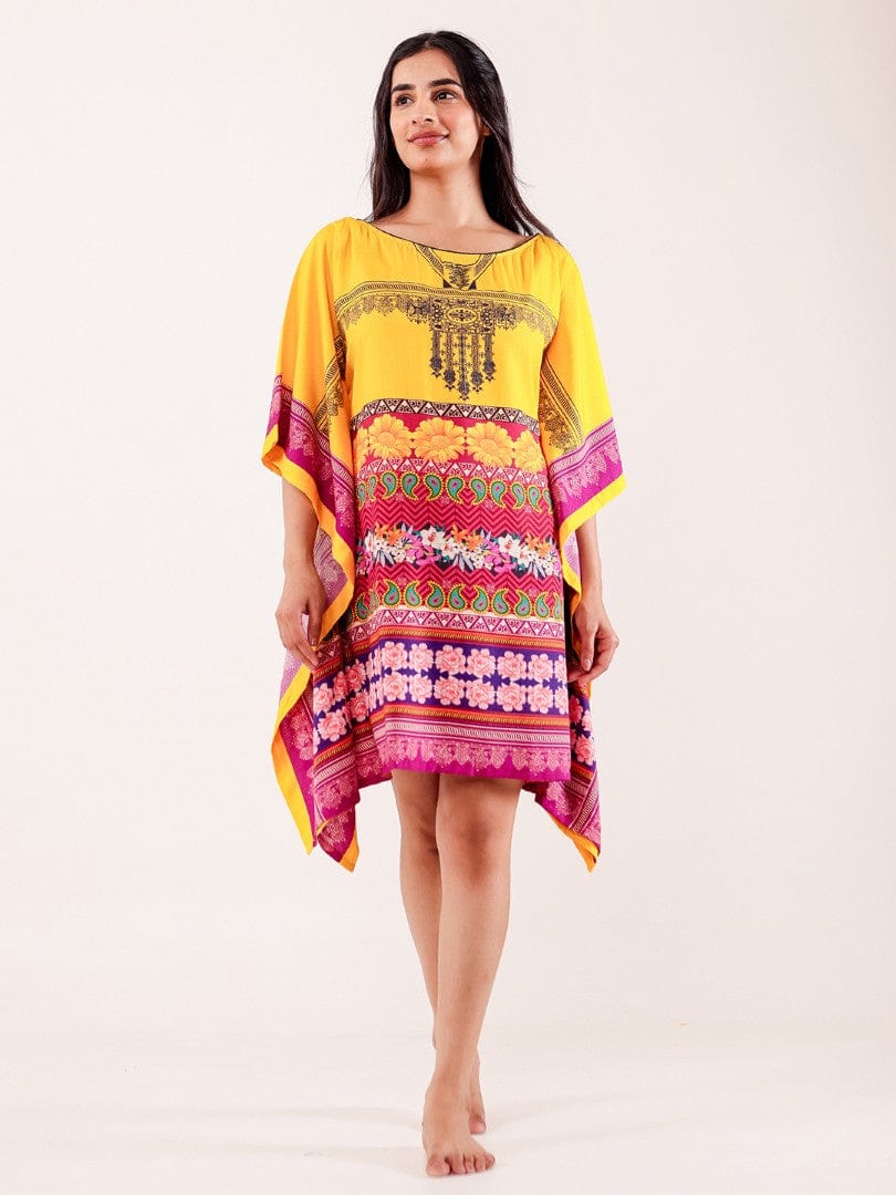 The Kaftan Company Kaftan Yellow Ethnic Floral Printed Modal Kaftan