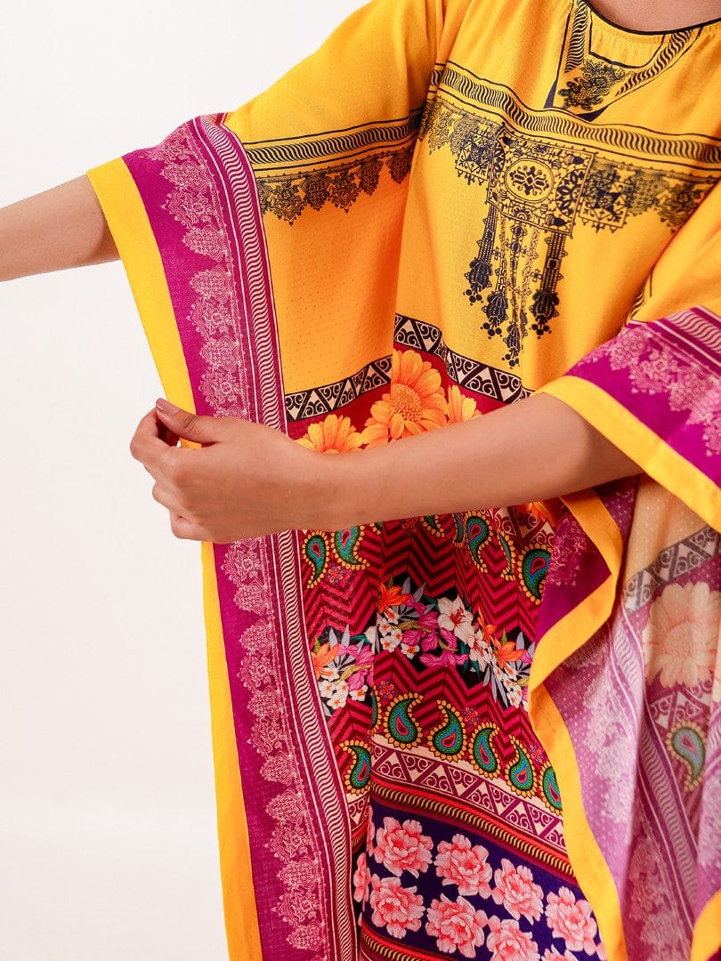 The Kaftan Company Kaftan Yellow Ethnic Floral Printed Modal Kaftan