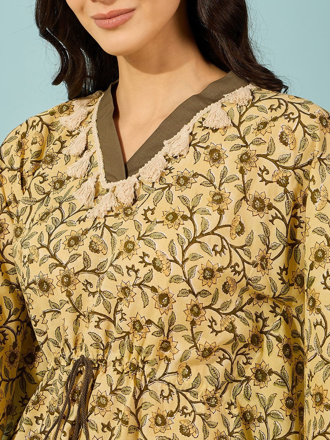 The Kaftan Company Kaftan Yellow Floral hand Block Kaftan With Tassel Detail